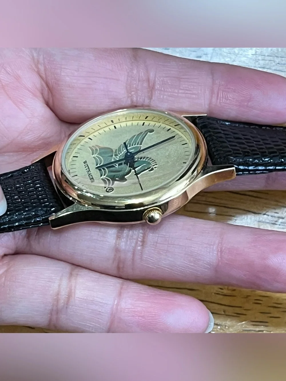 Vintage Wittnauer Pegasus watch gold-tone case leather band unisex